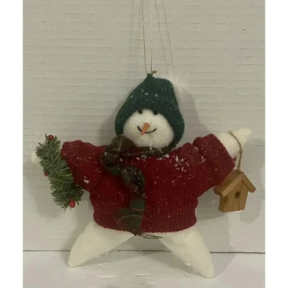 Snowman Star Shape Holding Wreath & Birdhouse Plush Ornament‎ 7.5” Christmas